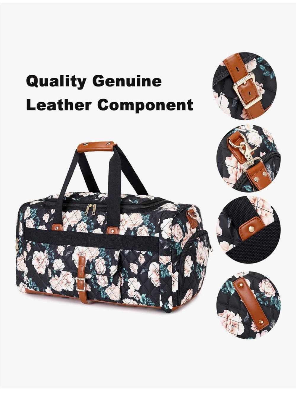 Floral Quilted Weekender Duffle Bag - Black with Blush Flowers - Picture 6 of 7